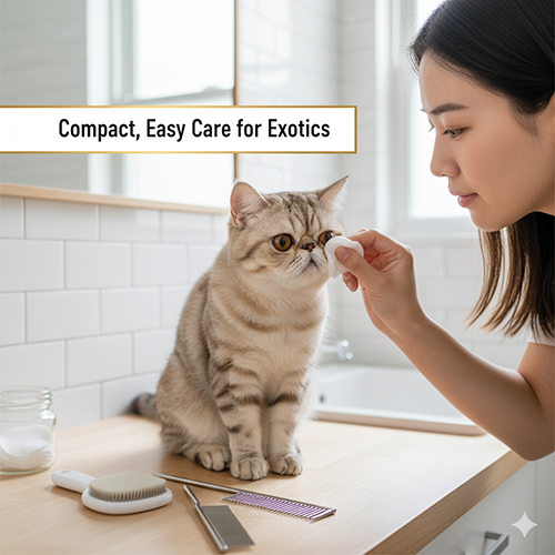 Chăm sóc mèo Ba Tư lông ngắn Exotic Shorthair: cô gái lau mặt cho mèo tabby trong phòng tắm, kèm dụng cụ grooming cơ bản.