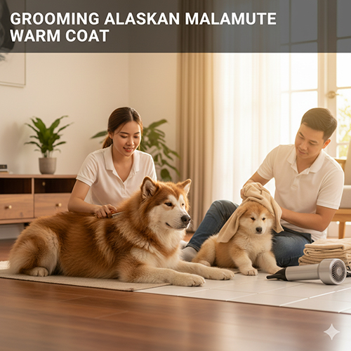Gia đình chăm sóc và grooming chó Alaska Malamute màu lông ấm trong nhà