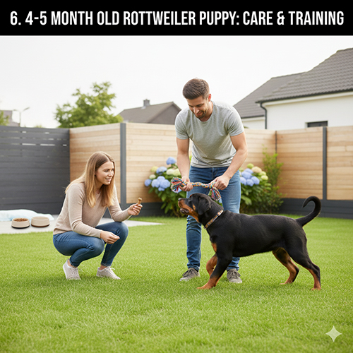 Chó Rottweiler con 4–5 tháng tuổi tập luyện và chơi cùng chủ trong sân vườn