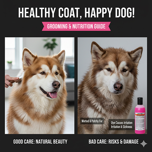 So sánh chó Alaska được chăm sóc lông đúng cách và Alaska lông xỉn màu do chăm sóc kém
