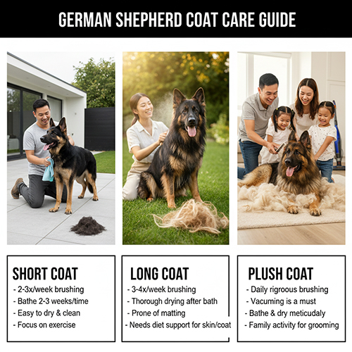 Hướng dẫn chăm sóc lông Becgie lông ngắn, lông dài và lông xù với hình minh họa ba kiểu lông và lượng lông rụng