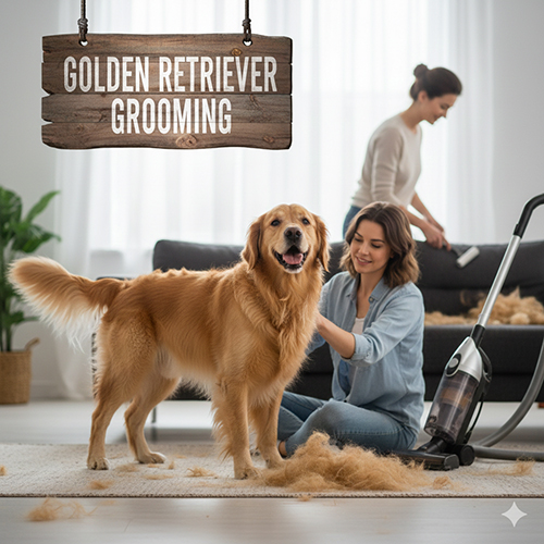 Chó Golden Retriever được chải lông và hút lông rụng trong phòng khách — minh họa chăm sóc lông và vệ sinh cho Golden