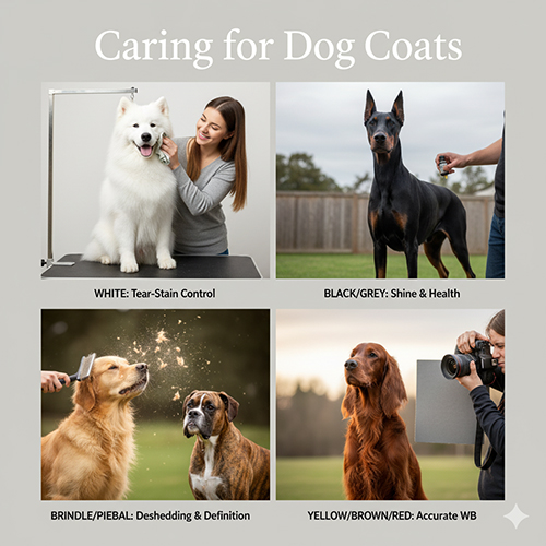 Ảnh minh họa cách chăm sóc lông chó theo từng tông màu: trắng, đen/xám, vện/khoang, vàng/nâu/đỏ – gồm các bước chải, dưỡng và chụp ảnh.