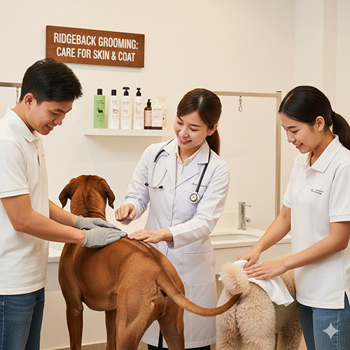 ác sĩ thú y và nhân viên spa đang chăm sóc lông và da cho chó xoáy và chó lông xù trong phòng grooming, minh họa cách chăm sóc lông da cho chó xoáy 🐾