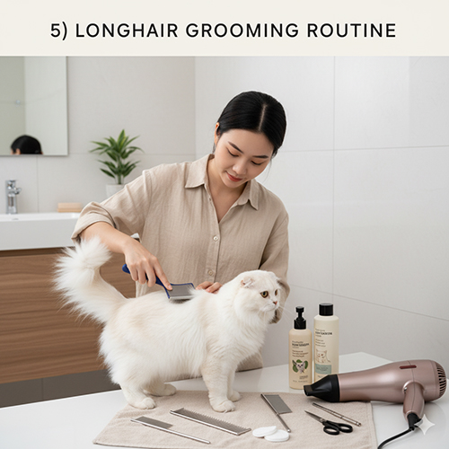 Người phụ nữ đang chải lông cho mèo Scottish Fold lai Anh lông dài màu trắng trong phòng tắm, cạnh bàn có lược, dầu tắm và máy sấy.