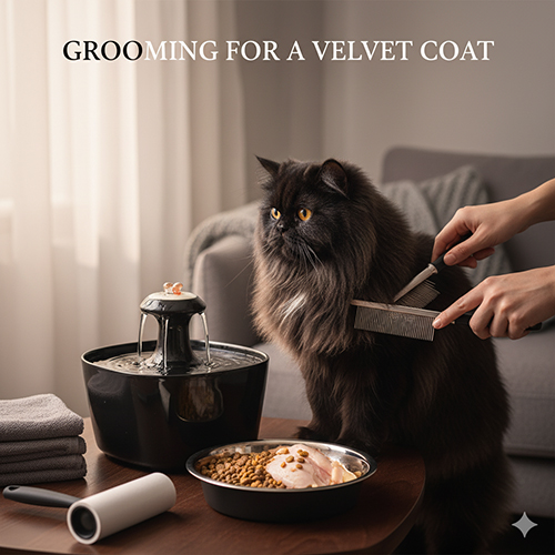 Mèo Ba Tư đen được chải lông trên bàn cùng đồ grooming và khay thức ăn trong không gian căn hộ