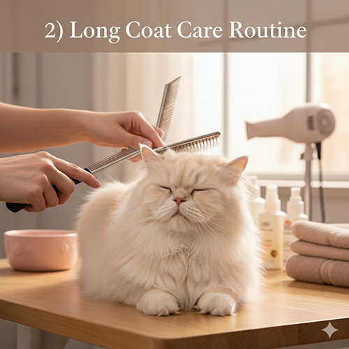 Mèo Ba Tư lông dài đang được chải lông trên bàn gỗ, xung quanh có dụng cụ grooming và khăn tắm