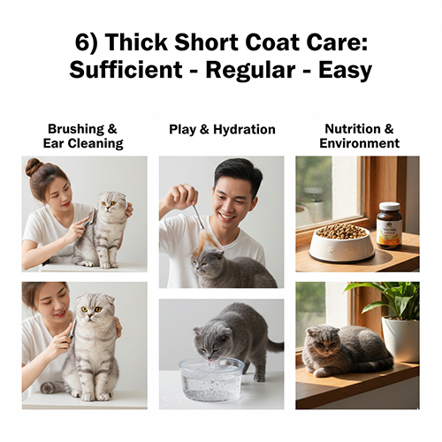 Người phụ nữ chải lông và vệ sinh tai cho mèo Scottish Fold, người đàn ông chơi với mèo, cùng hình bát thức ăn và mèo nằm thư giãn bên cửa sổ