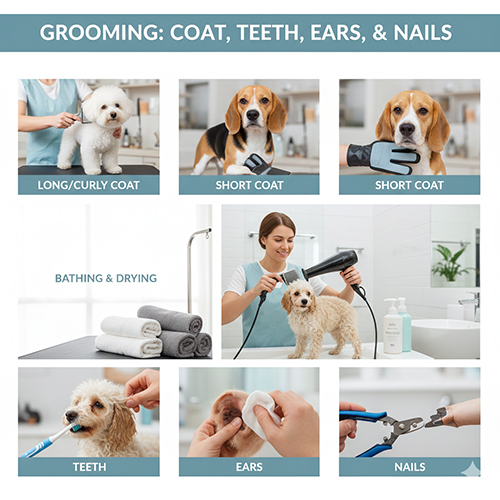Infographic hướng dẫn grooming cho chó cảnh gồm chải lông tắm sấy chăm răng tai và cắt móng