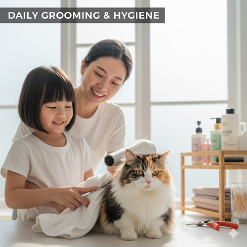 Mẹ và bé chải lông, sấy khô cho mèo Munchkin trên bàn tắm; có kéo cắt móng và đồ chăm sóc, minh họa quy trình vệ sinh hằng ngày.