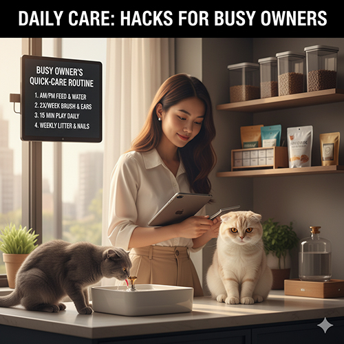 Cô gái chăm sóc hai mèo Anh lông ngắn tai cụp trong căn bếp sáng, ghi chú lịch chăm sóc hàng ngày