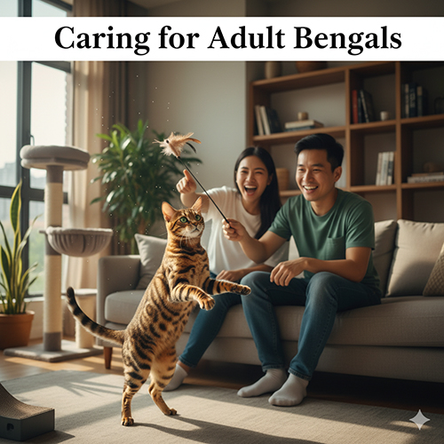 Cặp đôi trẻ chơi đùa với mèo Bengal trưởng thành trong phòng khách, minh họa cho việc chăm sóc mèo năng động.