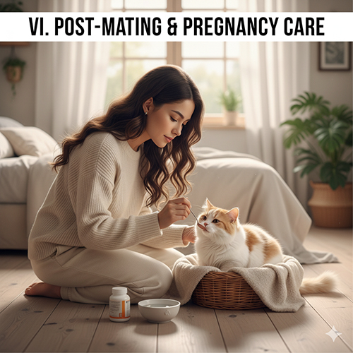 Cô gái chăm sóc mèo mẹ Munchkin sau phối trong phòng ngủ ấm, chuẩn bị bát nước, vitamin; minh họa chăm sóc sau phối và giai đoạn mang thai.