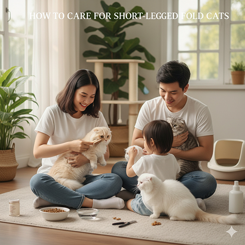 Gia đình chăm sóc mèo Munchkin Fold chân ngắn tai cụp: chải lông, cho ăn, vệ sinh trong không gian nhà ấm áp