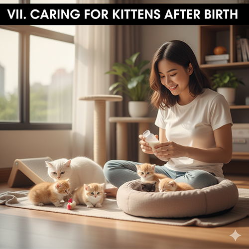 Co gai chuan bi sua ho tro cho dan meo con Munchkin moi sinh trong o am, meo me nam canh trong phong khach sang.