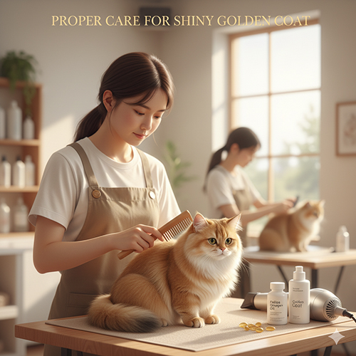 Nhân viên chăm sóc mèo Munchkin Golden trong tiệm grooming, đang chải lông cho bé dưới ánh sáng tự nhiên cùng các sản phẩm dưỡng lông chuyên dụng.