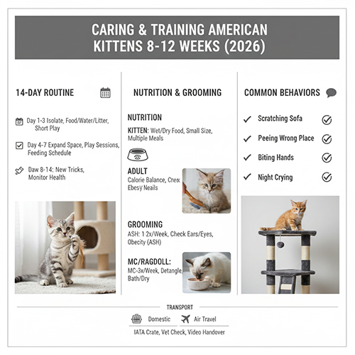Chăm sóc và vào nếp mèo Mỹ con giai đoạn 8–12 tuần tuổi