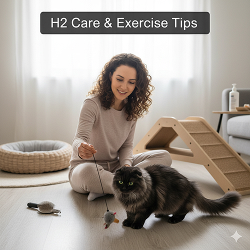 Cô gái đang chơi với mèo Munchkin Fold lông dài trong phòng sáng sủa, có đồ chơi và bậc thang thấp