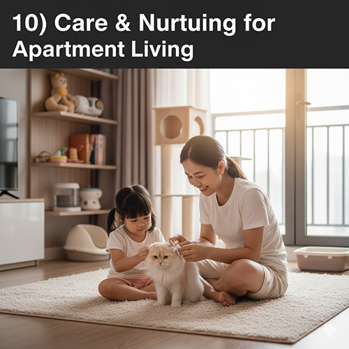 Mẹ và bé gái ngồi trong căn hộ sáng sủa, nhẹ nhàng chải lông cho mèo tai cụp màu vàng kem – minh họa cho việc chăm sóc mèo lai ta trong môi trường chung cư.