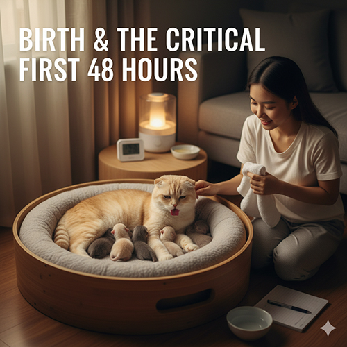Cô gái ngồi cạnh ổ mèo mẹ và đàn con sơ sinh, dùng khăn mềm hỗ trợ lau khô và giữ ấm, minh họa giai đoạn 48 giờ đầu sau sinh của mèo Scottish Fold
