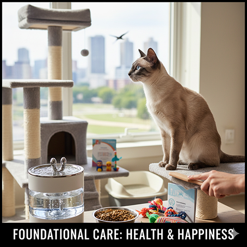 Mèo Xiêm ngồi trên cây mèo cạnh đồ ăn, nước uống và đồ chơi trong căn hộ hiện đại, biểu tượng cho chăm sóc toàn diện