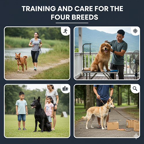 Huấn luyện và chăm sóc bốn giống chó Việt Nam – Phú Quốc, Bắc Hà, H’Mông Cộc và Lài Sông Mã – qua các hoạt động chạy, chải lông, xã hội hóa và luyện tập hàng ngày 🇻🇳🐕