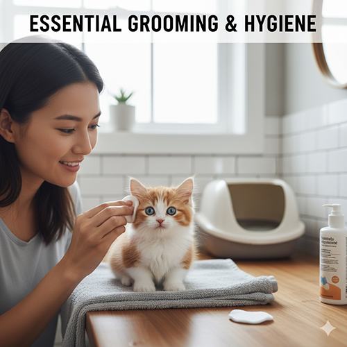 Người phụ nữ lau tai cho mèo Munchkin con trên bàn phòng tắm, cạnh khay cát và sữa tắm; minh họa chăm sóc & vệ sinh cơ bản cho mèo con.