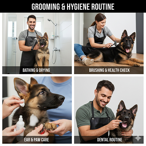 bộ ảnh chăm sóc vệ sinh cho chó Becgie con gồm tắm sấy, chải lông, vệ sinh tai chân và chăm sóc răng miệng