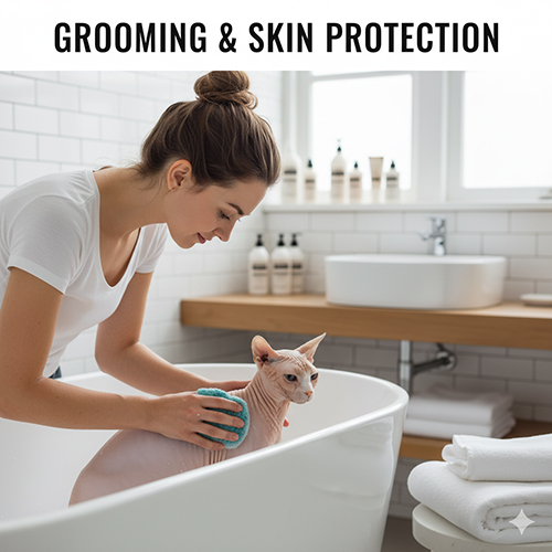 Tắm và chăm da cho mèo Không lông Sphynx trong bồn tắm, minh họa cách chăm tắm và bảo vệ da cơ bản