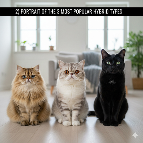 Ba mèo lai gồm Ba Tư × ALN, Ba Tư × ALD và Ba Tư × mèo ta ngồi cạnh nhau trong phòng sáng