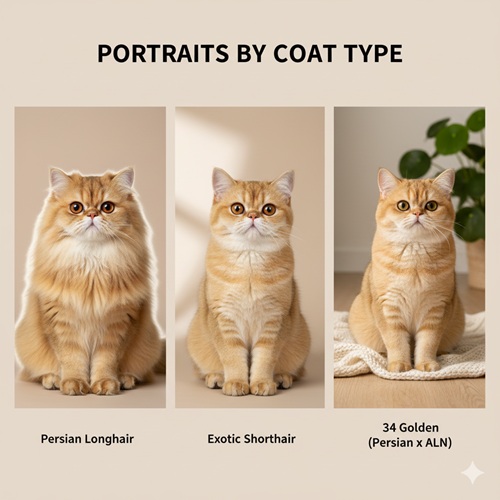 so sánh chân dung mèo Persian longhair vàng, Exotic shorthair vàng và mèo 34 vàng trên nền tối giản