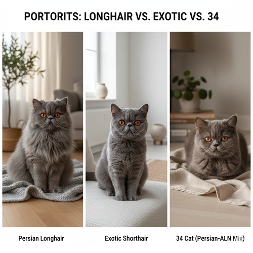 So sánh chân dung mèo Ba Tư xám longhair, Exotic Shorthair và mèo 34 với ba phong cách lông và form mặt khác nhau