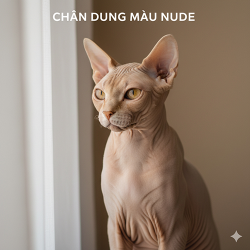 Mèo Sphynx màu nude nhìn ra cửa sổ trong ánh sáng dịu