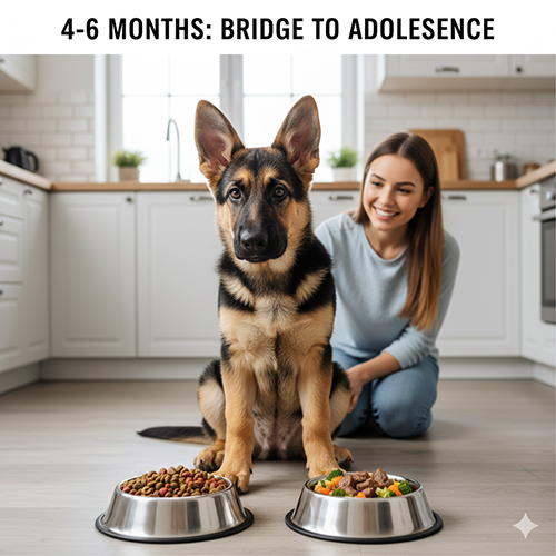 Chế độ ăn cho chó Becgie từ 4 đến 6 tháng tuổi giúp phát triển cơ bắp và khung xương