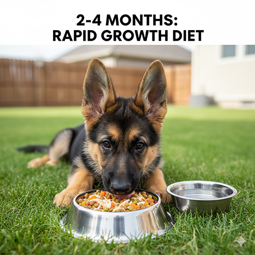 Chế độ ăn cho chó Becgie con từ 2 đến 4 tháng tuổi hỗ trợ tăng trưởng nhanh và phát triển xương