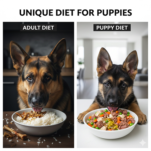 So sánh chế độ ăn cho chó Becgie con và chó Becgie trưởng thành theo nhu cầu dinh dưỡng