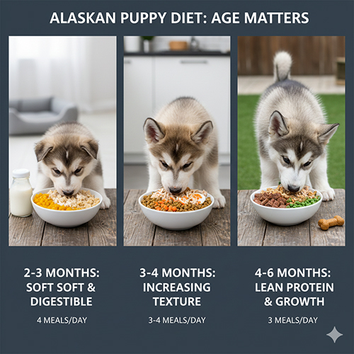 chế độ ăn cho chó alaska con theo từng giai đoạn 2–3 3–4 và 4–6 tháng tuổi