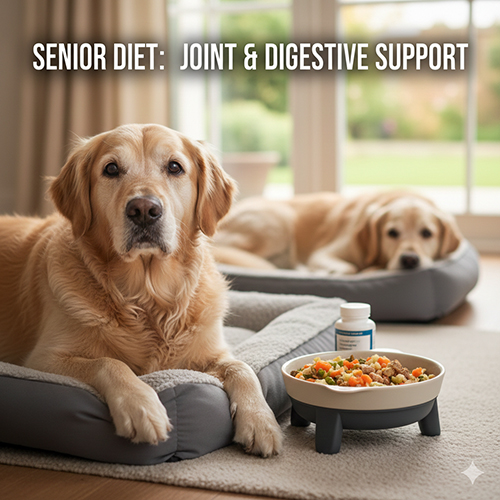 Chó Golden cao tuổi nằm nghỉ trên giường thú cưng cạnh bát thức ăn mềm dễ tiêu và lọ hỗ trợ xương khớp