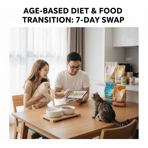 Gia đình cho mèo ăn theo chế độ dinh dưỡng phù hợp độ tuổi và lên kế hoạch đổi thức ăn trong 7 ngày để mèo thích nghi dễ dàng.