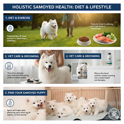 Chế độ ăn kết hợp vận động chăm sóc thú y và grooming giúp chó Samoyed khỏe mạnh toàn diện