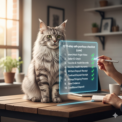 Ảnh minh họa checklist 10 bước mua mèo Maine Coon an toàn với mèo ngồi trên bàn và bảng checklist phát sáng.