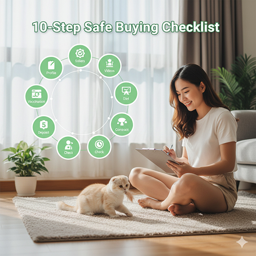 Cô gái ngồi trên sàn cùng mèo Scottish Fold và ghi chép checklist mua mèo an toàn, biểu tượng 10 bước hiển thị xung quanh