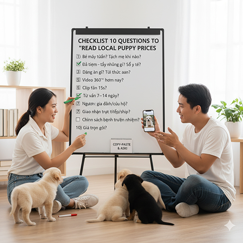 Cặp đôi trẻ cùng bảng checklist 10 câu hỏi để đọc giá chó cỏ con, xung quanh là những chú chó con đang chơi đùa.