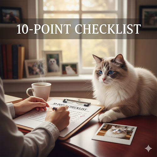 Mèo Ragdoll nằm cạnh bảng checklist 10 điểm, người nuôi đang đánh dấu các mục kiểm tra trước khi mua.