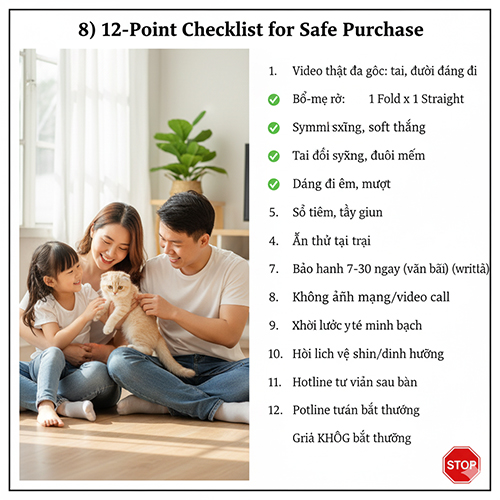 Gia đình trẻ ngồi cùng nhau vuốt ve mèo tai cụp trong phòng khách sáng sủa, bên cạnh là danh sách 12 điểm kiểm tra an toàn khi mua mèo tai cụp lai ta.