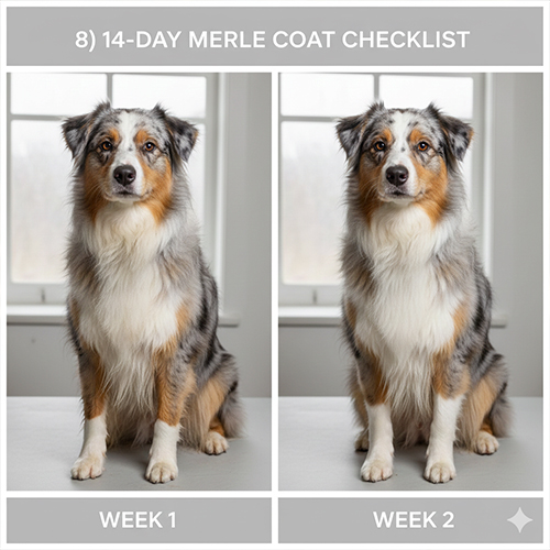 So sánh chó merle tuần 1 và tuần 2 để theo dõi độ rõ vân lông và tình trạng da