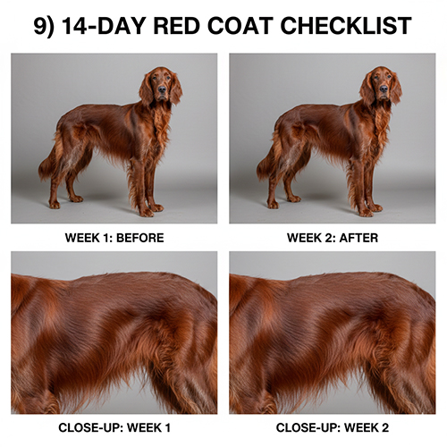 so sánh trước và sau 14 ngày chăm sóc giúp màu lông chó đỏ đều và sạch hơn