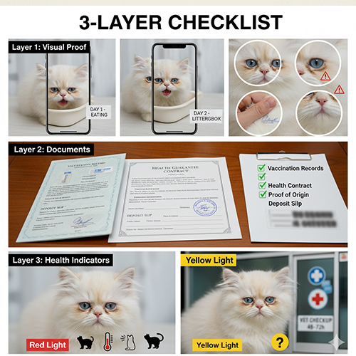 Checklist 3 tầng khi mua mèo Ba Tư gồm bằng chứng thị giác, giấy tờ hồ sơ và dấu hiệu sức khỏe đèn vàng – đèn đỏ.