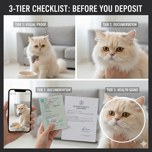 Checklist 3 tầng kiểm tra mèo Ba Tư trước khi đặt cọc gồm bằng chứng video, giấy tờ và dấu hiệu sức khỏe cơ bản