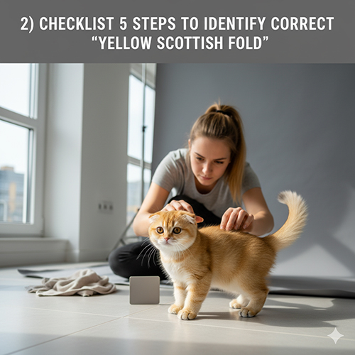 Cô gái kiểm tra lông một mèo Scottish Fold vàng dưới ánh sáng tự nhiên, cạnh thẻ xám; minh họa checklist nhận diện.